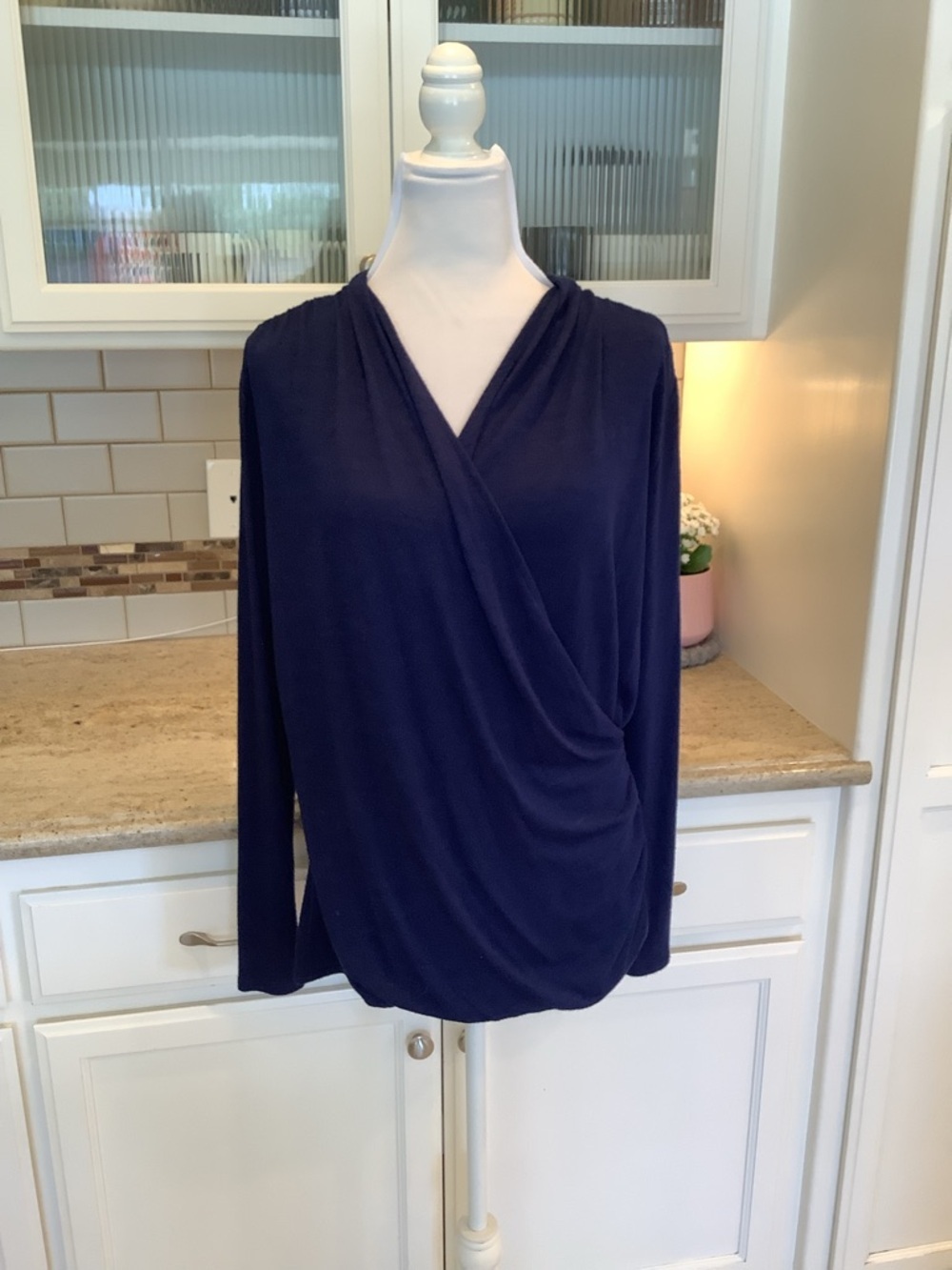 41 Hawthorn Navy Faux Wrap-Front Long Sleeve Blouse Size XL